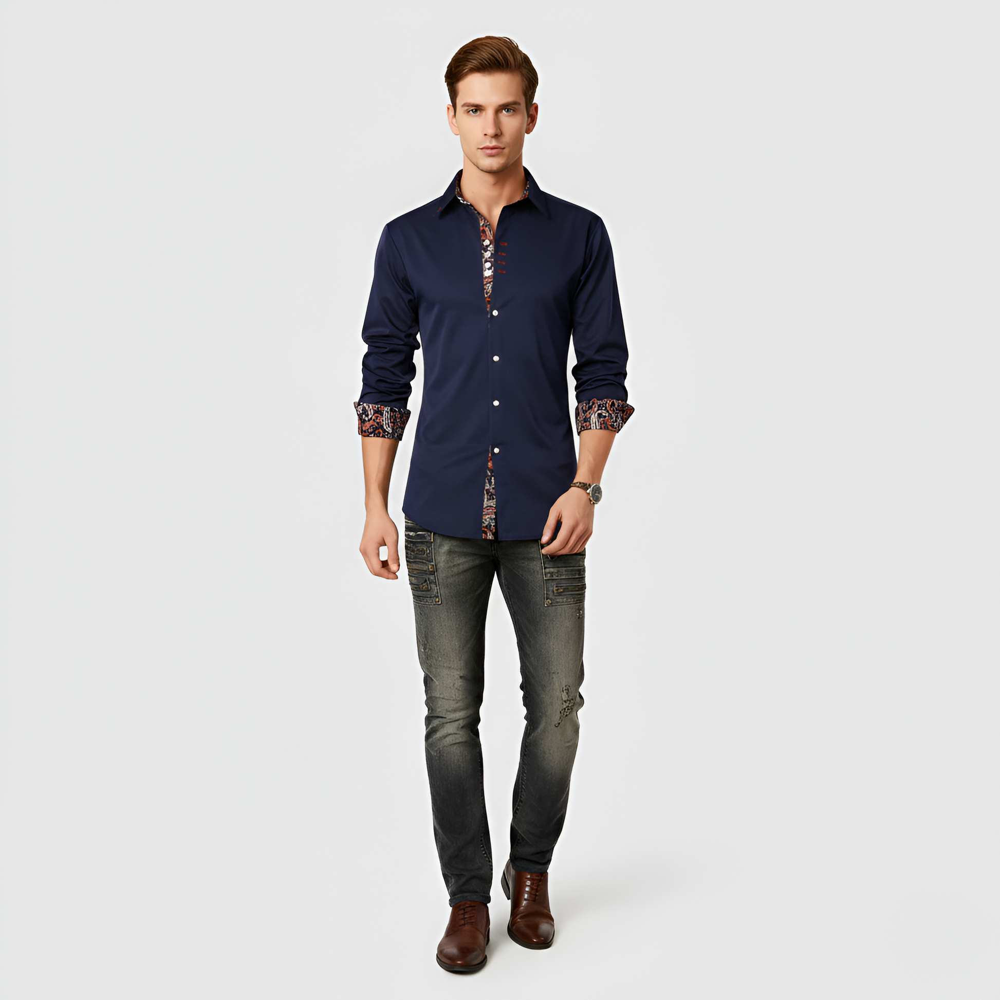 Heren Overhemd Slim Fit met Lange Mouw en Geprinte Details Donkerblauw