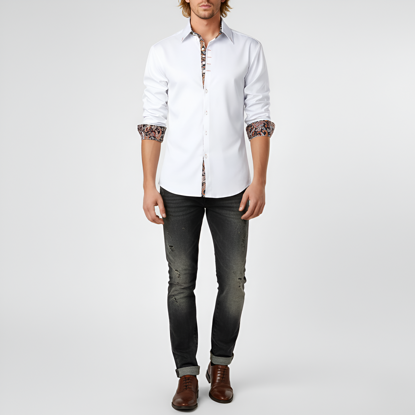 Heren Overhemd Slim Fit met Lange Mouw en Geprinte Details Wit