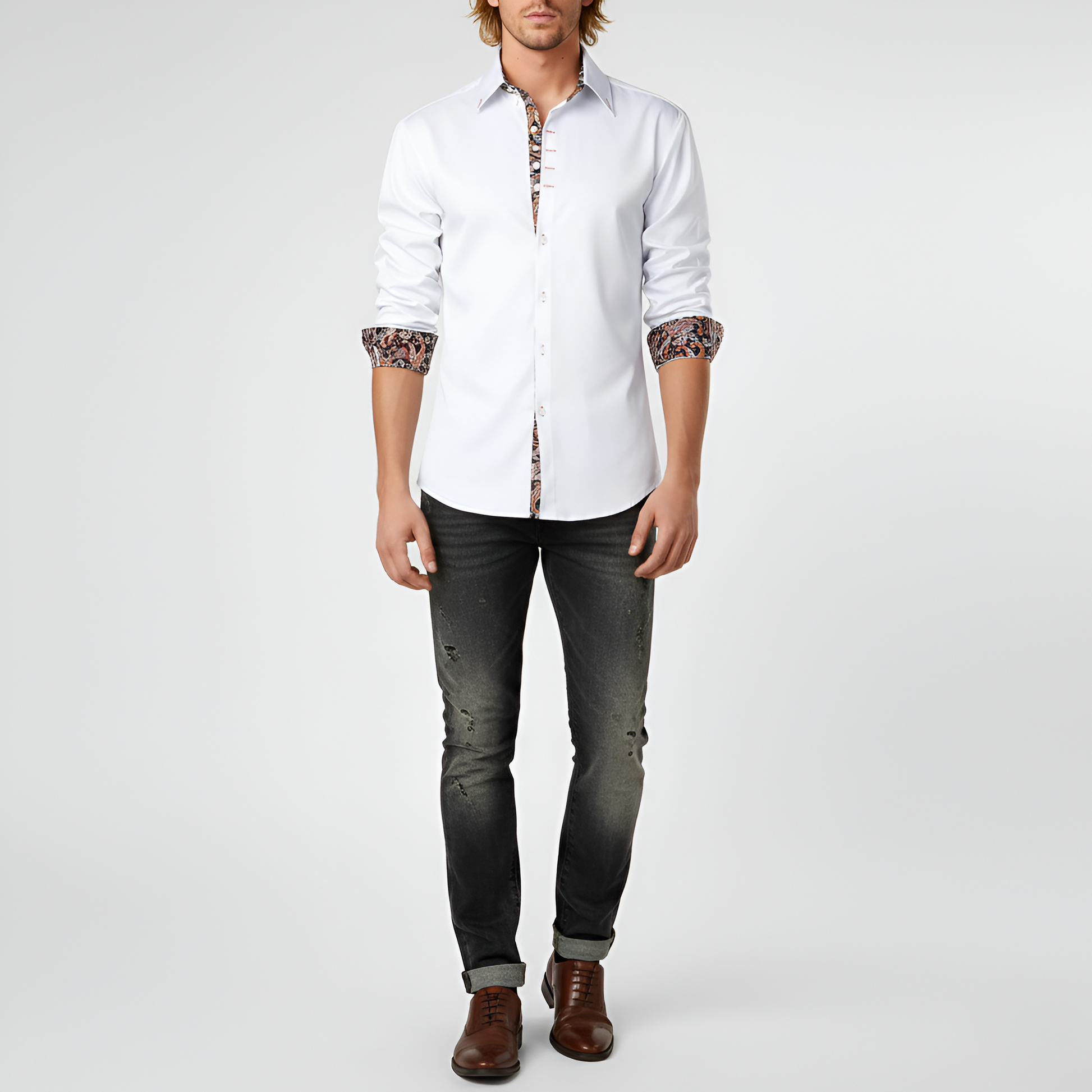 Heren Overhemd Slim Fit met Lange Mouw en Geprinte Details Wit