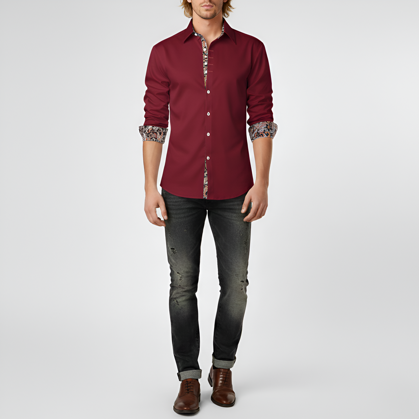 Heren Overhemd Slim Fit met Lange Mouw en Geprinte Details Bordeauxrood