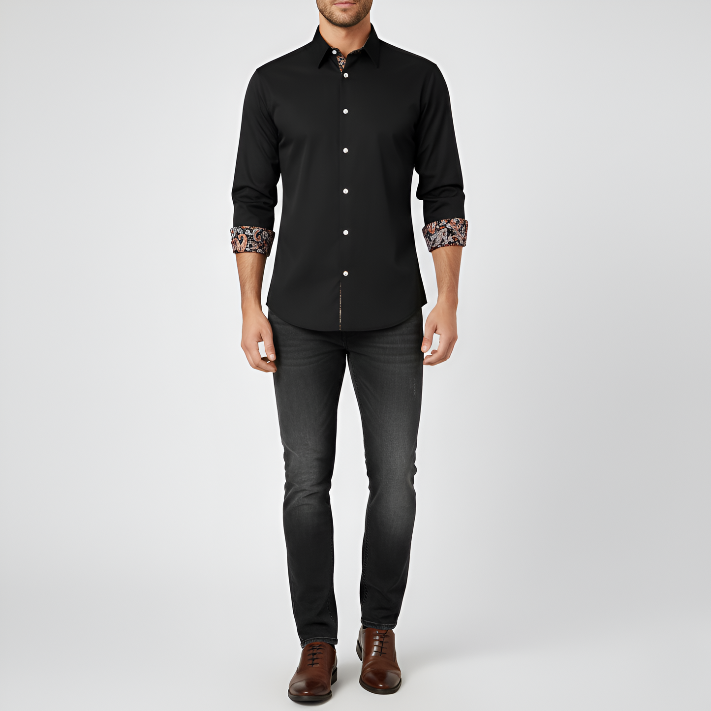 Heren Overhemd Slim Fit met Lange Mouw en Geprinte Details Zwart