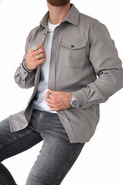 Heren Overshirt Lange Mouw met Borstzakken en Klassieke Kraag