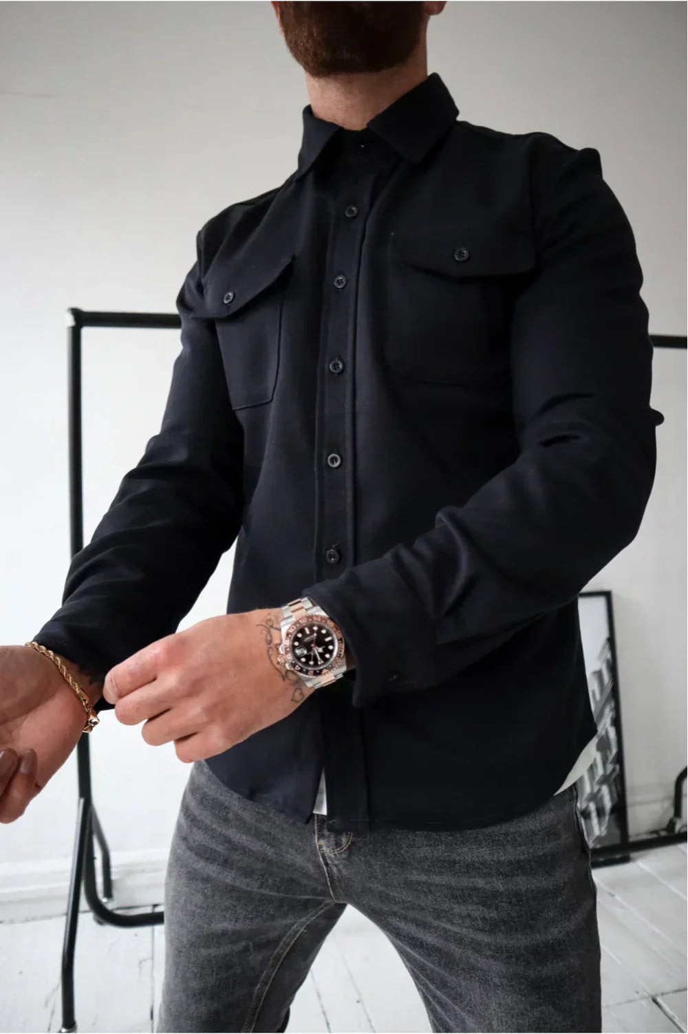 Heren Overshirt Lange Mouw met Borstzakken en Klassieke Kraag Donkerblauw