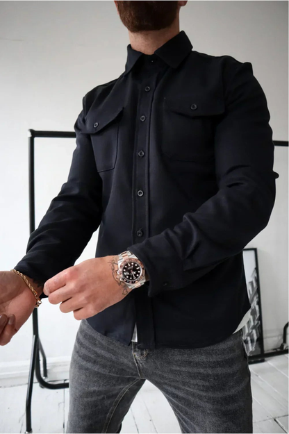 Heren Overshirt Lange Mouw met Borstzakken en Klassieke Kraag Donkerblauw