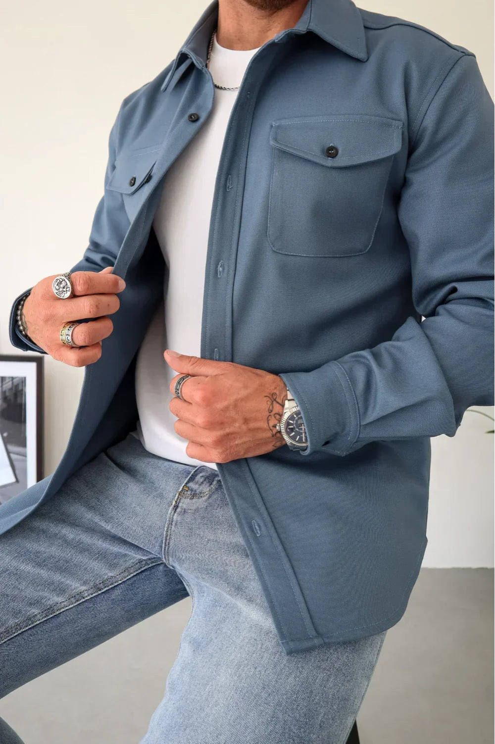 Heren Overshirt Lange Mouw met Borstzakken en Klassieke Kraag Blauw