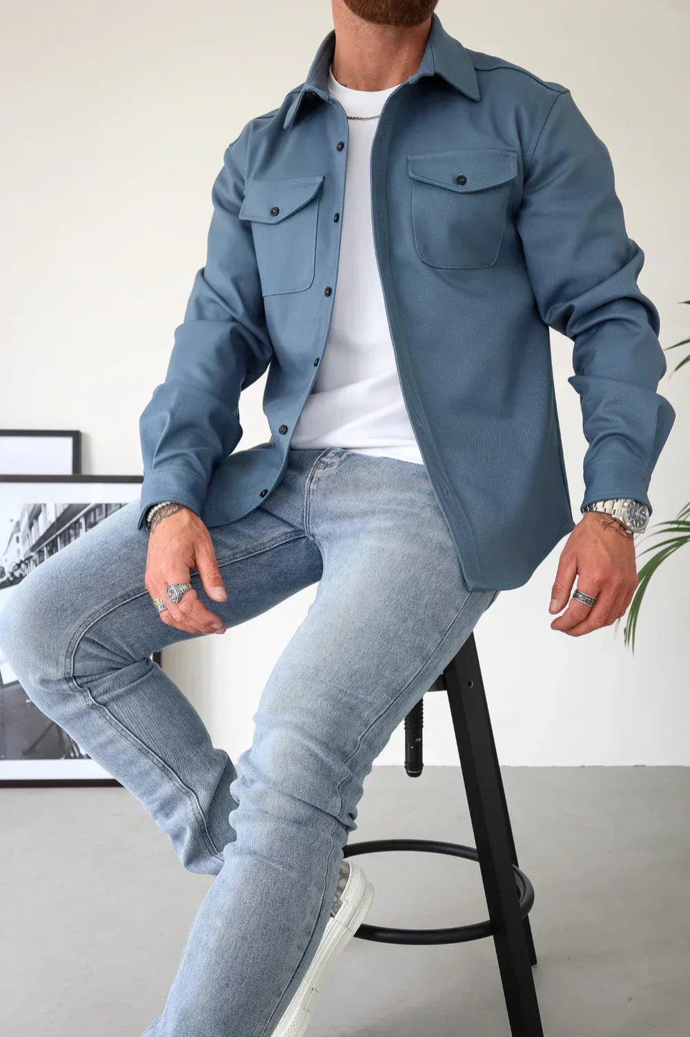 Heren Overshirt Lange Mouw met Borstzakken en Klassieke Kraag
