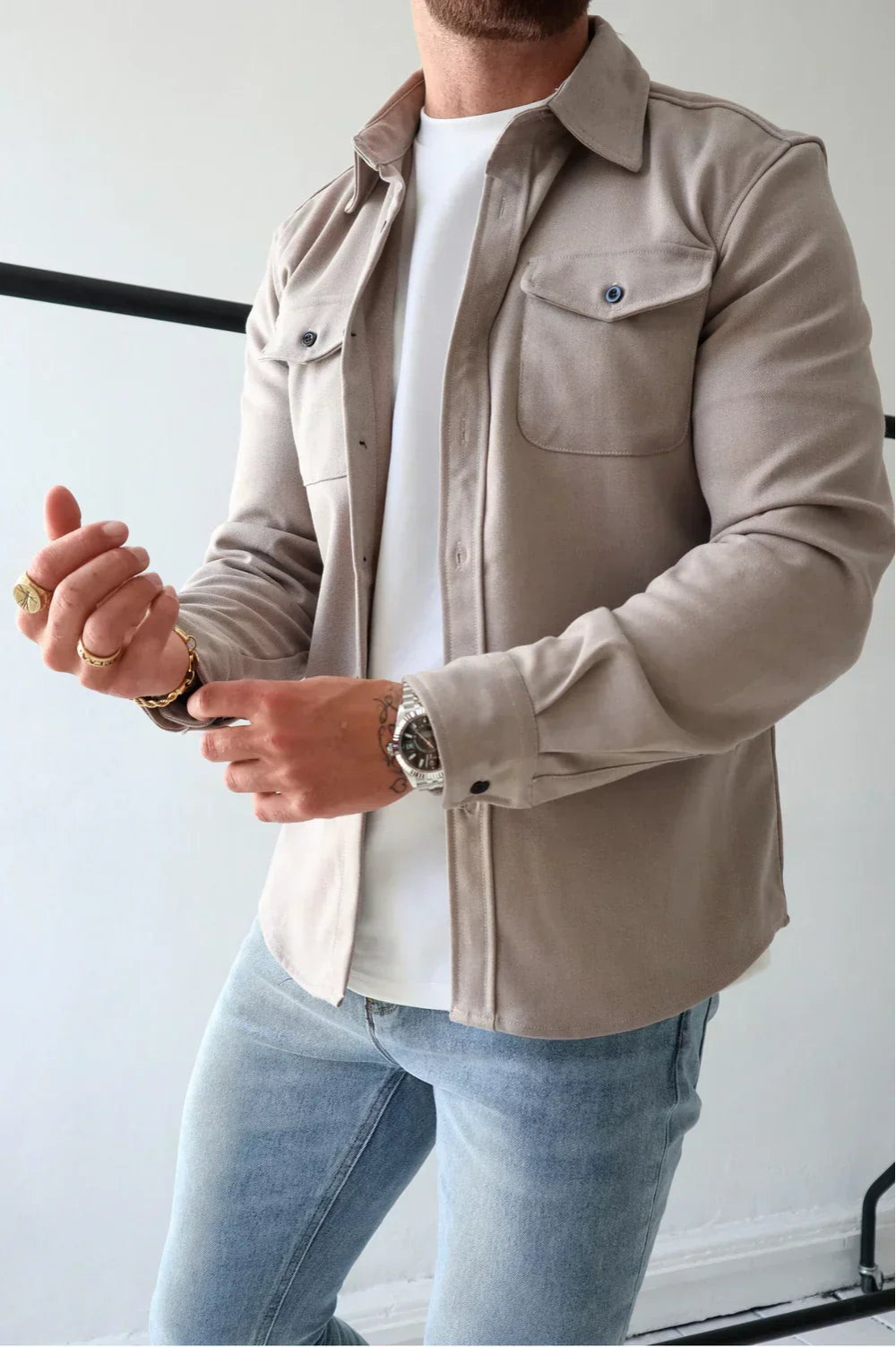 Heren Overshirt Lange Mouw met Borstzakken en Klassieke Kraag Steen