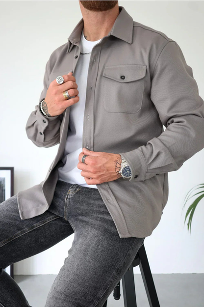 Heren Overshirt Lange Mouw met Borstzakken en Klassieke Kraag Grijs