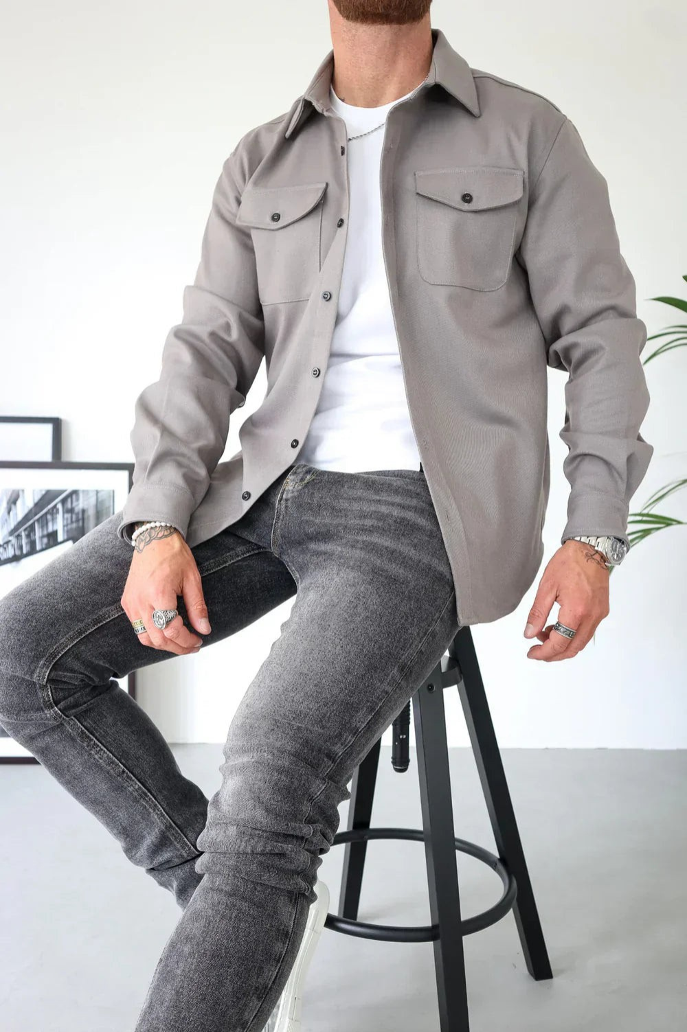 Heren Overshirt Lange Mouw met Borstzakken en Klassieke Kraag