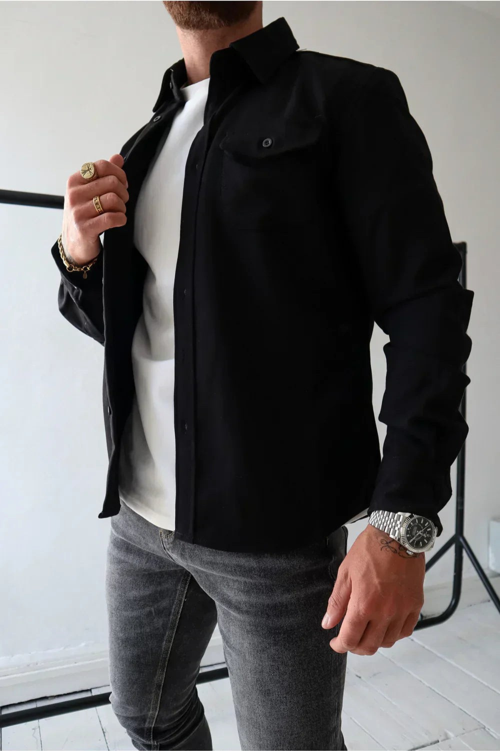 Heren Overshirt Lange Mouw met Borstzakken en Klassieke Kraag Zwart