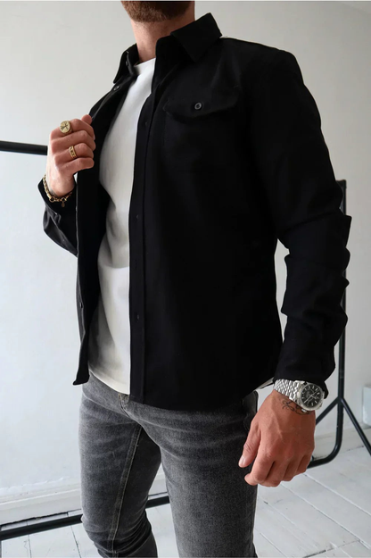 Heren Overshirt Lange Mouw met Borstzakken en Klassieke Kraag Zwart
