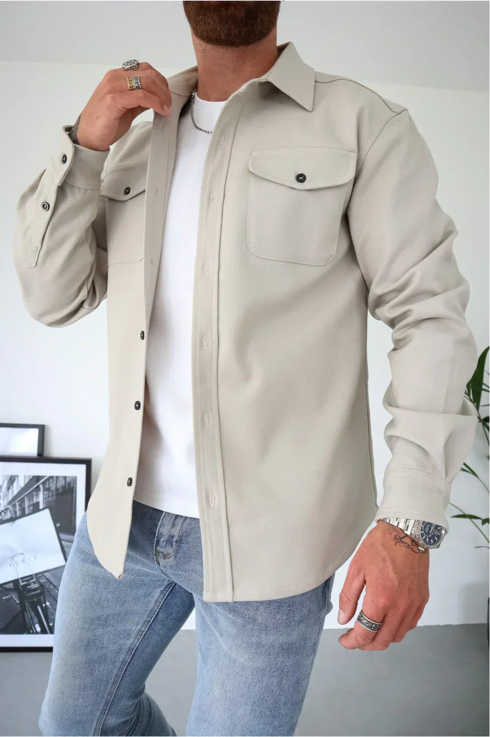 Heren Overshirt Lange Mouw met Borstzakken en Klassieke Kraag Crème