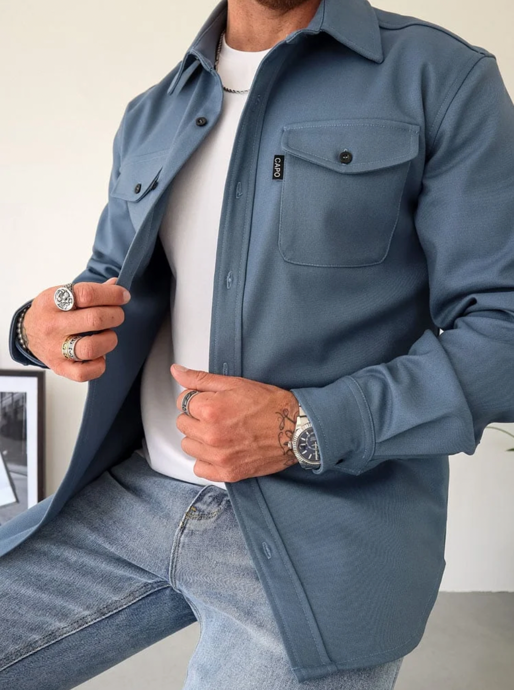 Heren Overshirt Lange Mouw met Borstzakken en Knoopsluiting Blauw