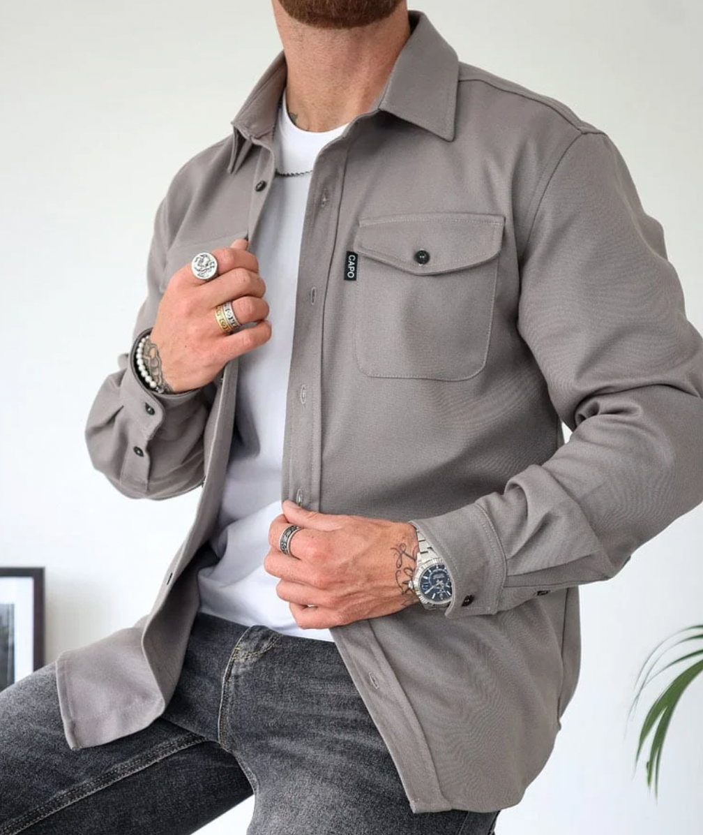Heren Overshirt Lange Mouw met Borstzakken en Knoopsluiting Grijs