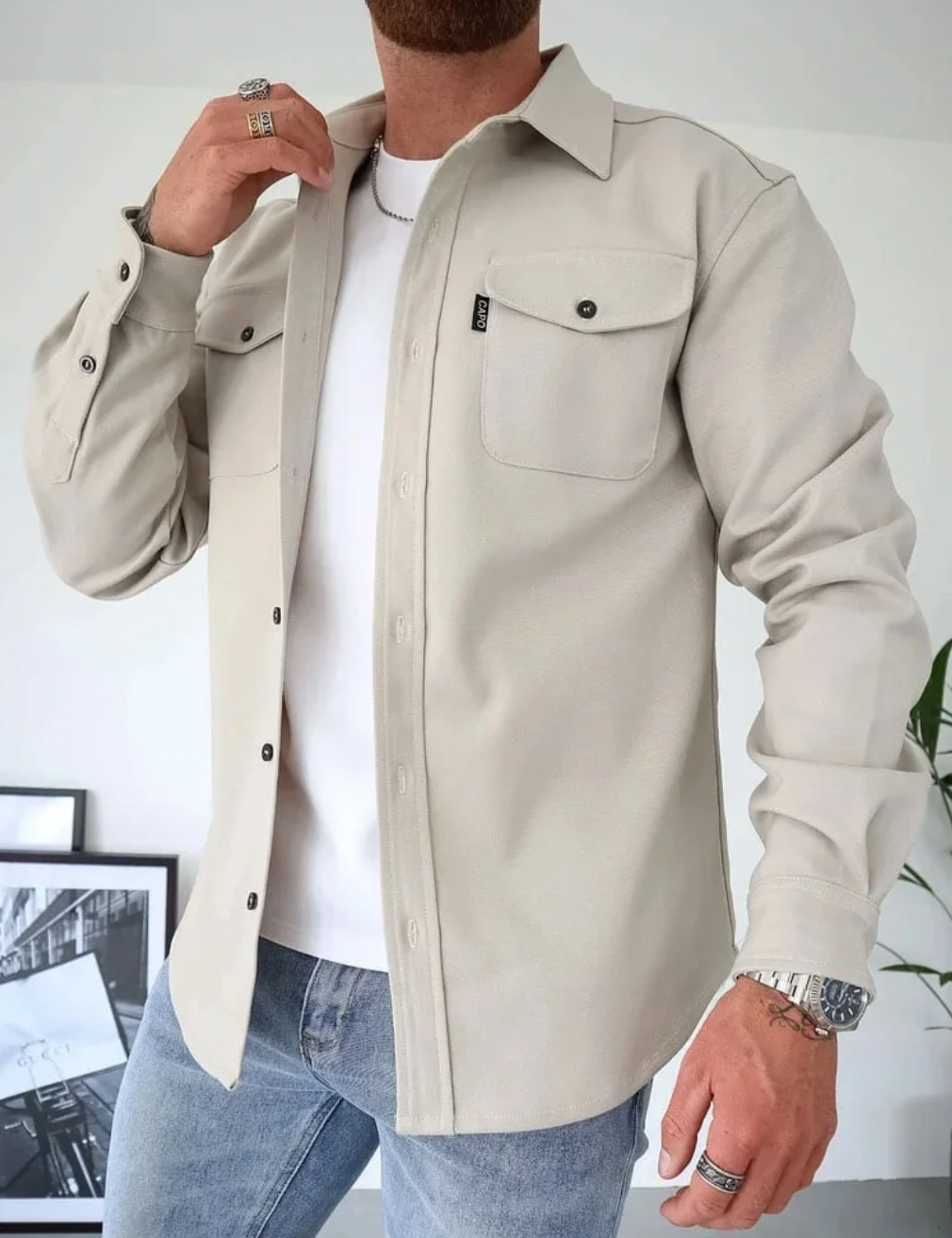 Heren Overshirt Lange Mouw met Borstzakken en Knoopsluiting Lichtbeige