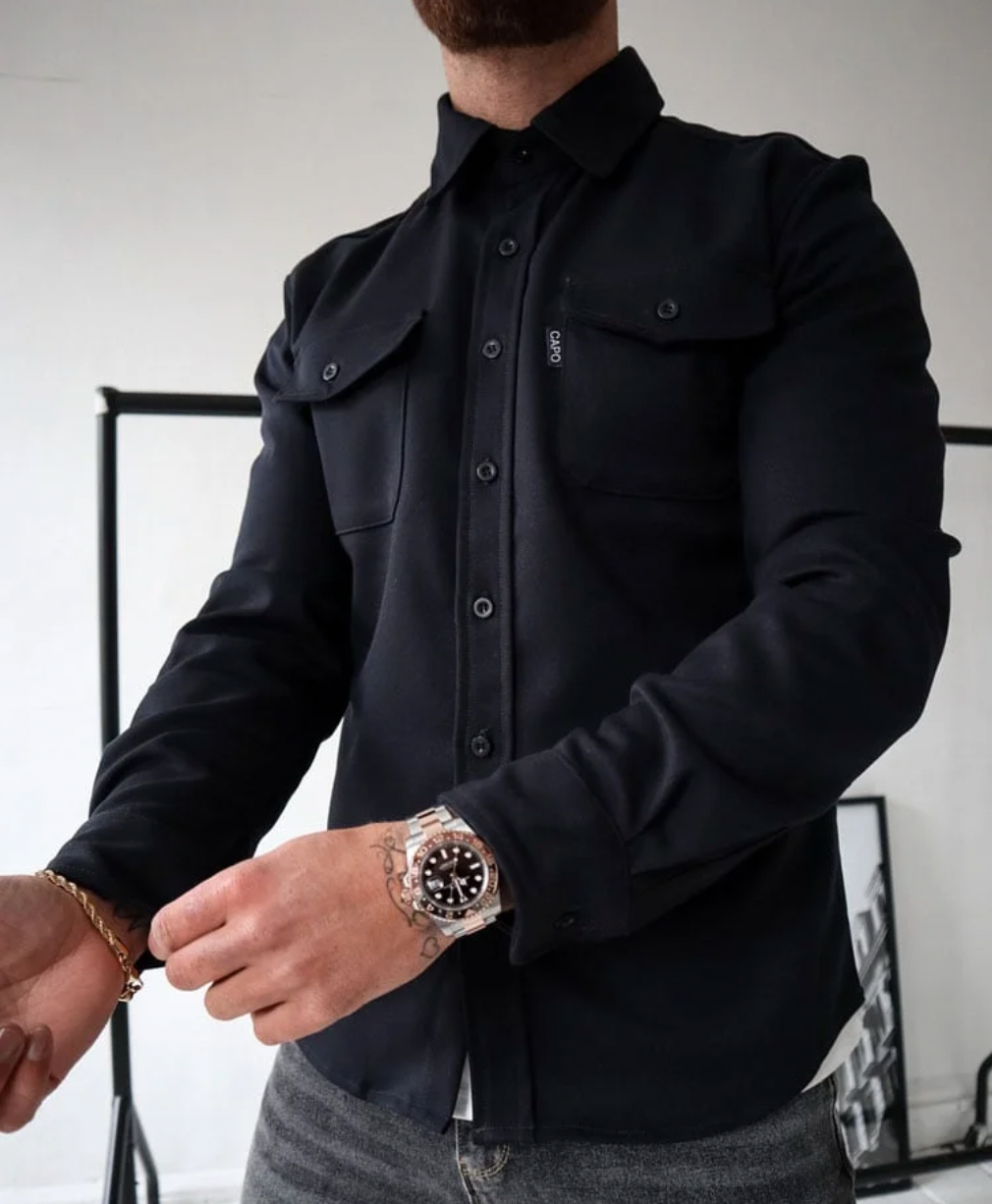 Heren Overshirt Lange Mouw met Borstzakken en Knoopsluiting Zwart