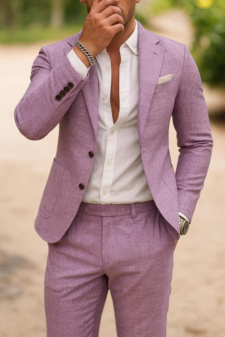Heren Pak Tweedelig met Enkelrij Blazer en Broek Slim Fit Lila
