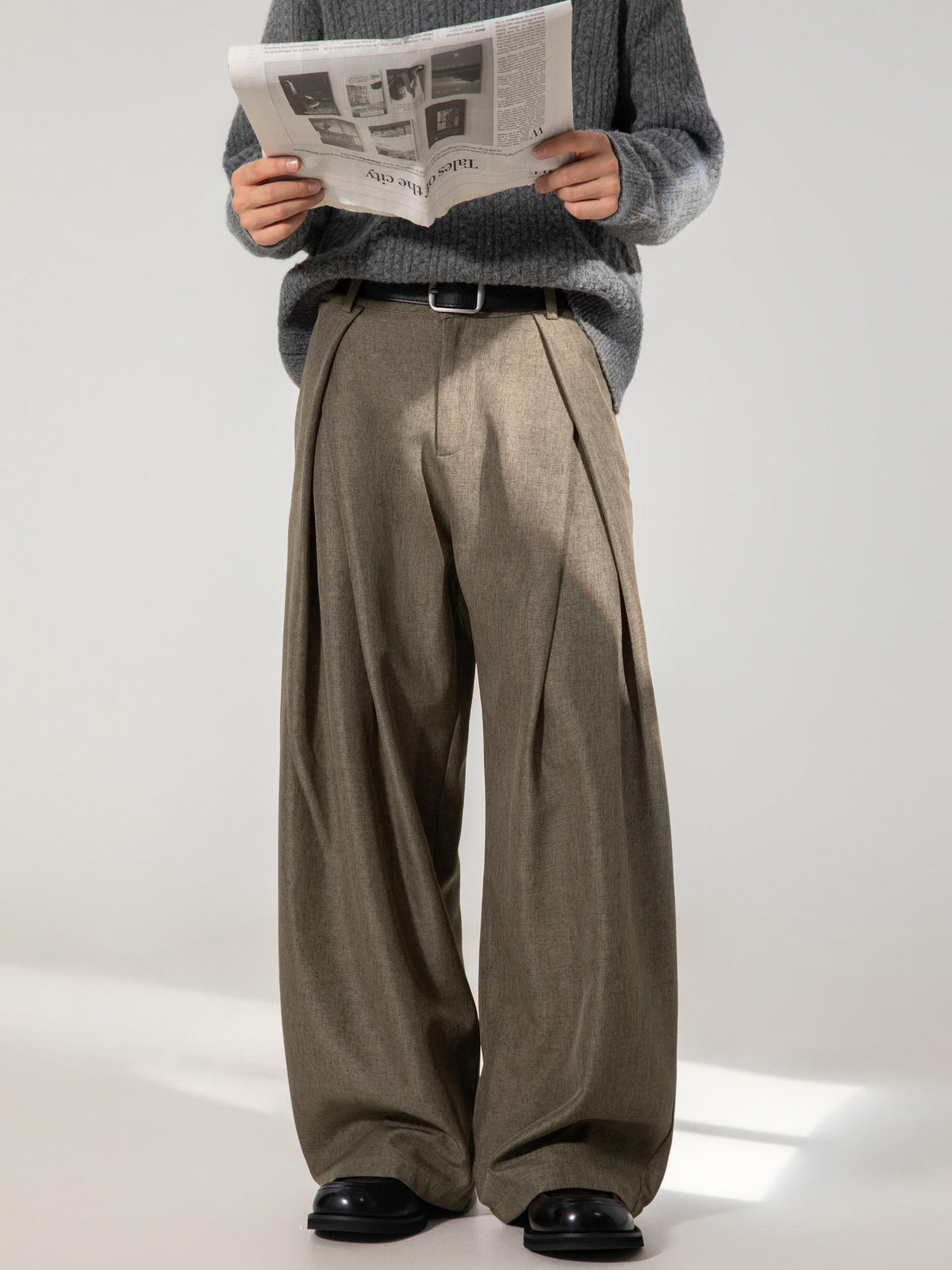 Heren Pantalon met Hoge Taille, Dubbele Plooien en Wide Leg