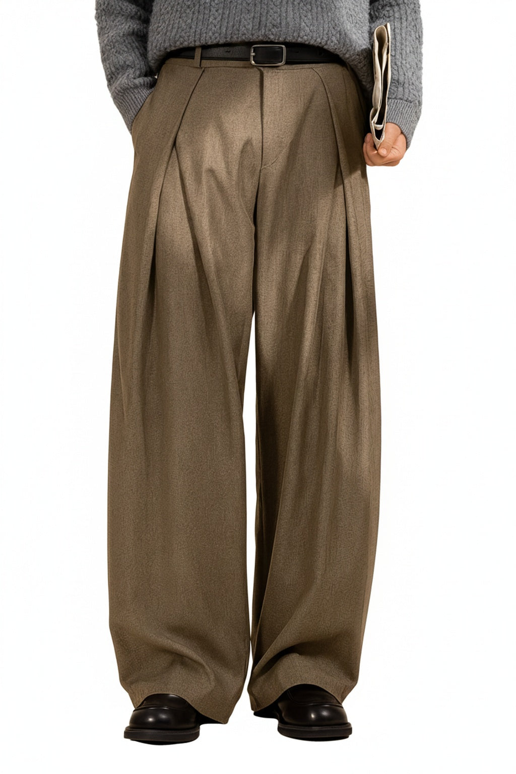 Heren Pantalon met Hoge Taille, Dubbele Plooien en Wide Leg