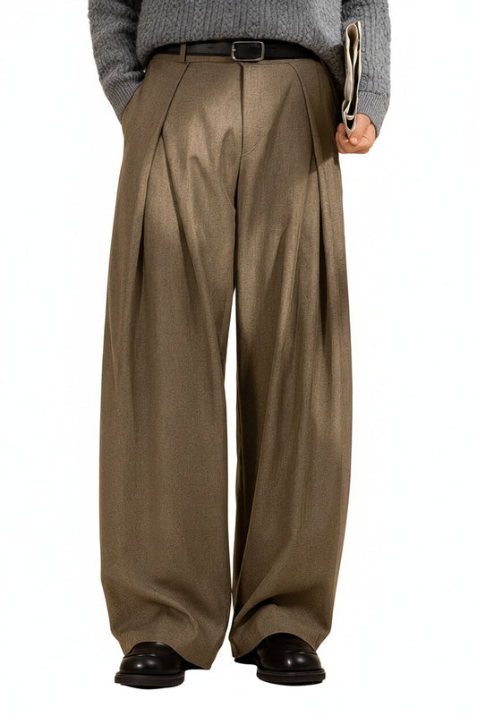 Heren Pantalon met Hoge Taille, Dubbele Plooien en Wide Leg