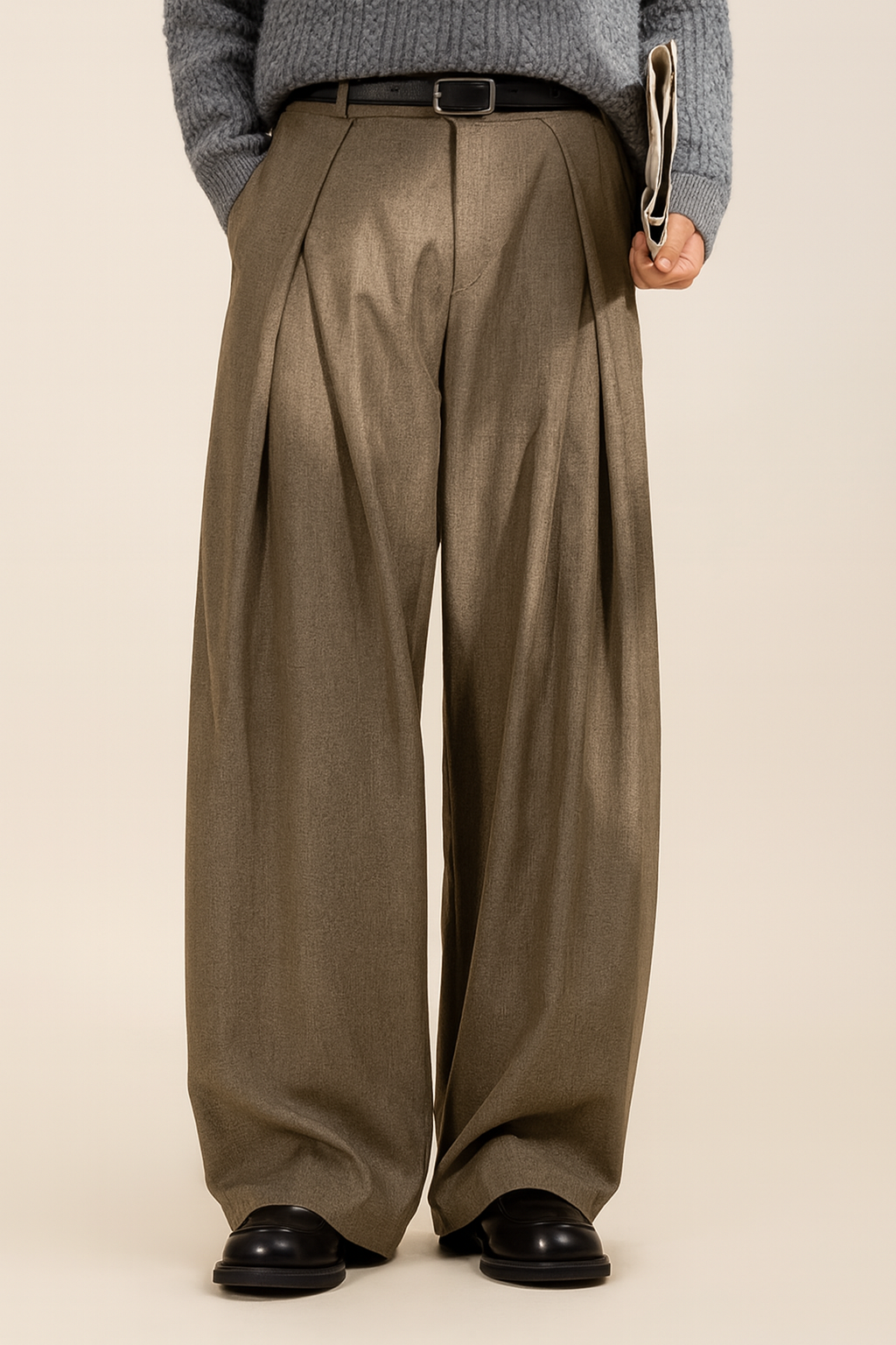 Heren Pantalon met Hoge Taille, Dubbele Plooien en Wide Leg Lichtbruin