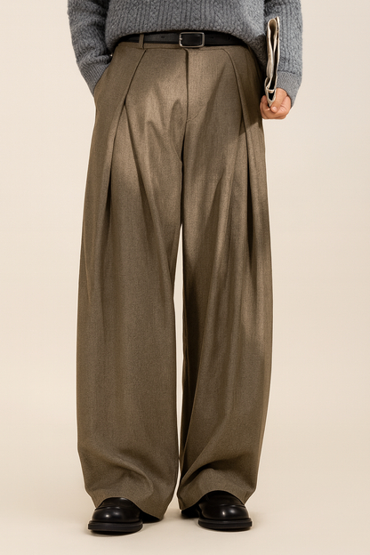 Heren Pantalon met Hoge Taille, Dubbele Plooien en Wide Leg
