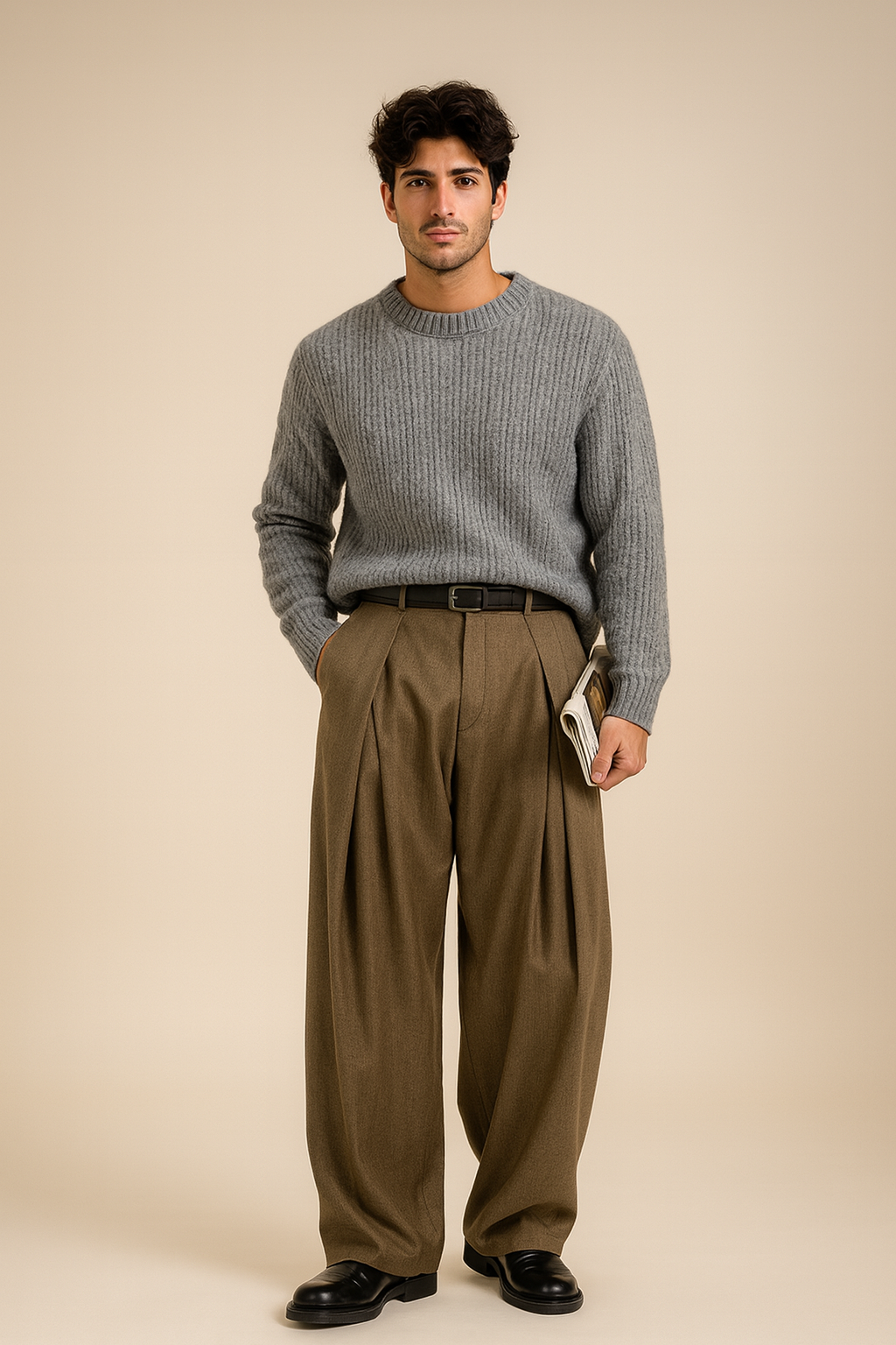 Heren Pantalon met Hoge Taille, Dubbele Plooien en Wide Leg