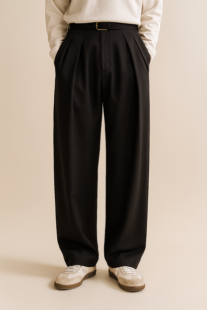 Heren Pantalon met Hoge Taille, Dubbele Plooien en Wide Leg