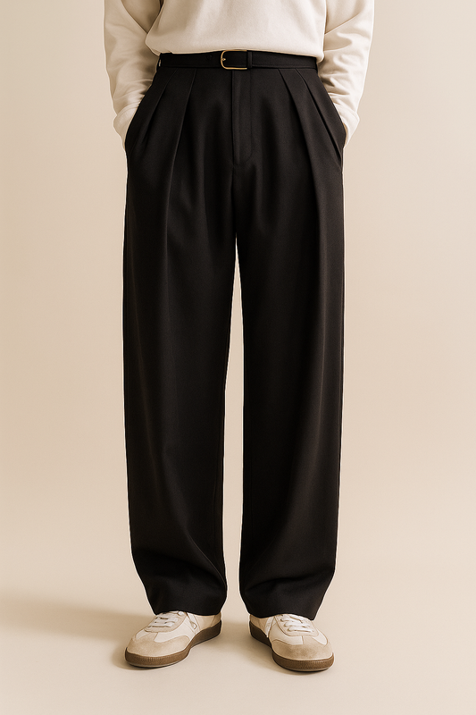 Heren Pantalon met Hoge Taille, Dubbele Plooien en Wide Leg Zwart