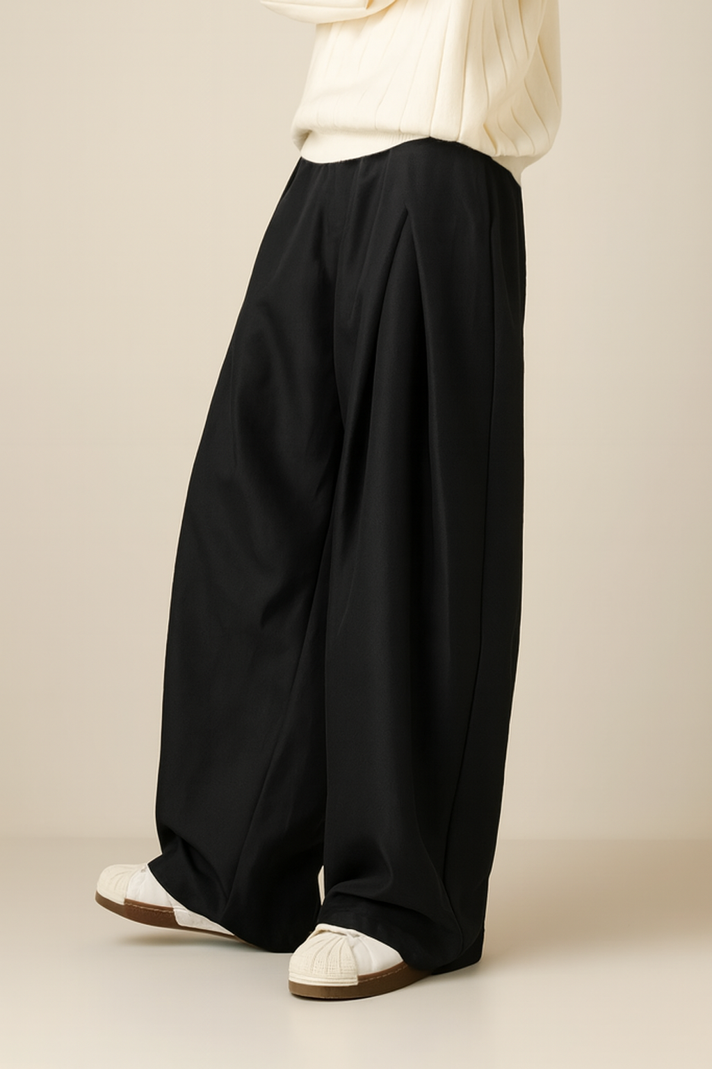 Heren Pantalon met Hoge Taille, Dubbele Plooien en Wide Leg