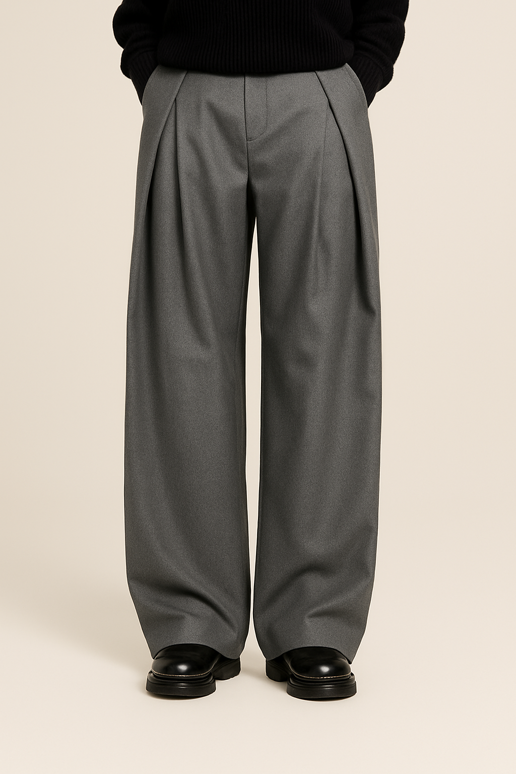 Heren Pantalon met Hoge Taille, Dubbele Plooien en Wide Leg Grijs