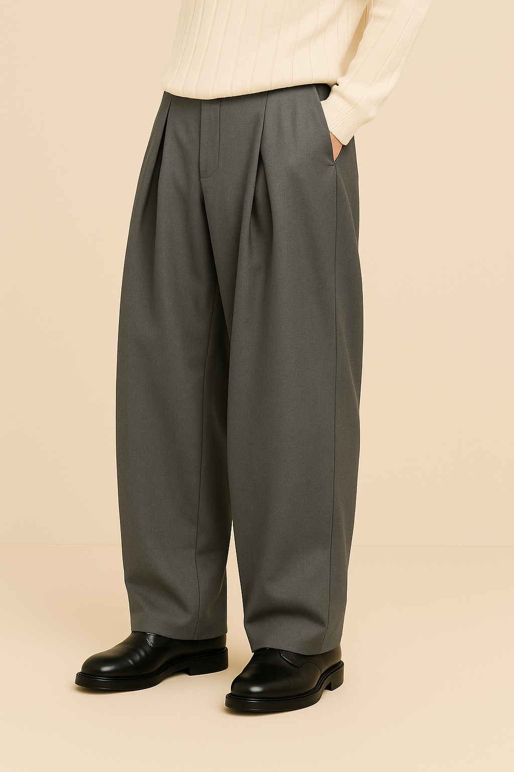 Heren Pantalon met Hoge Taille, Dubbele Plooien en Wide Leg