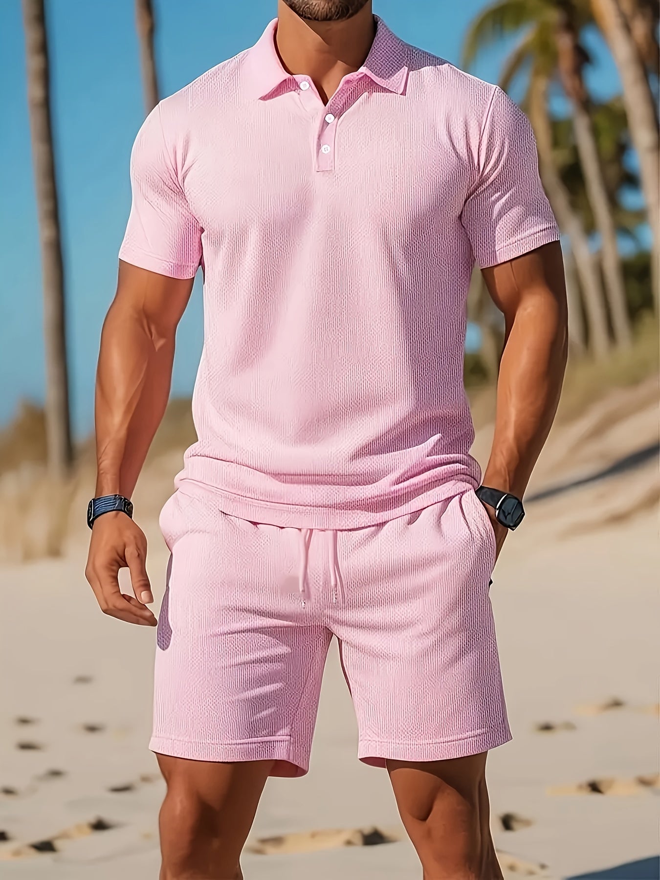 Heren Polo en Shorts Set met Polokraag, Knoopsluiting en Trekkoord