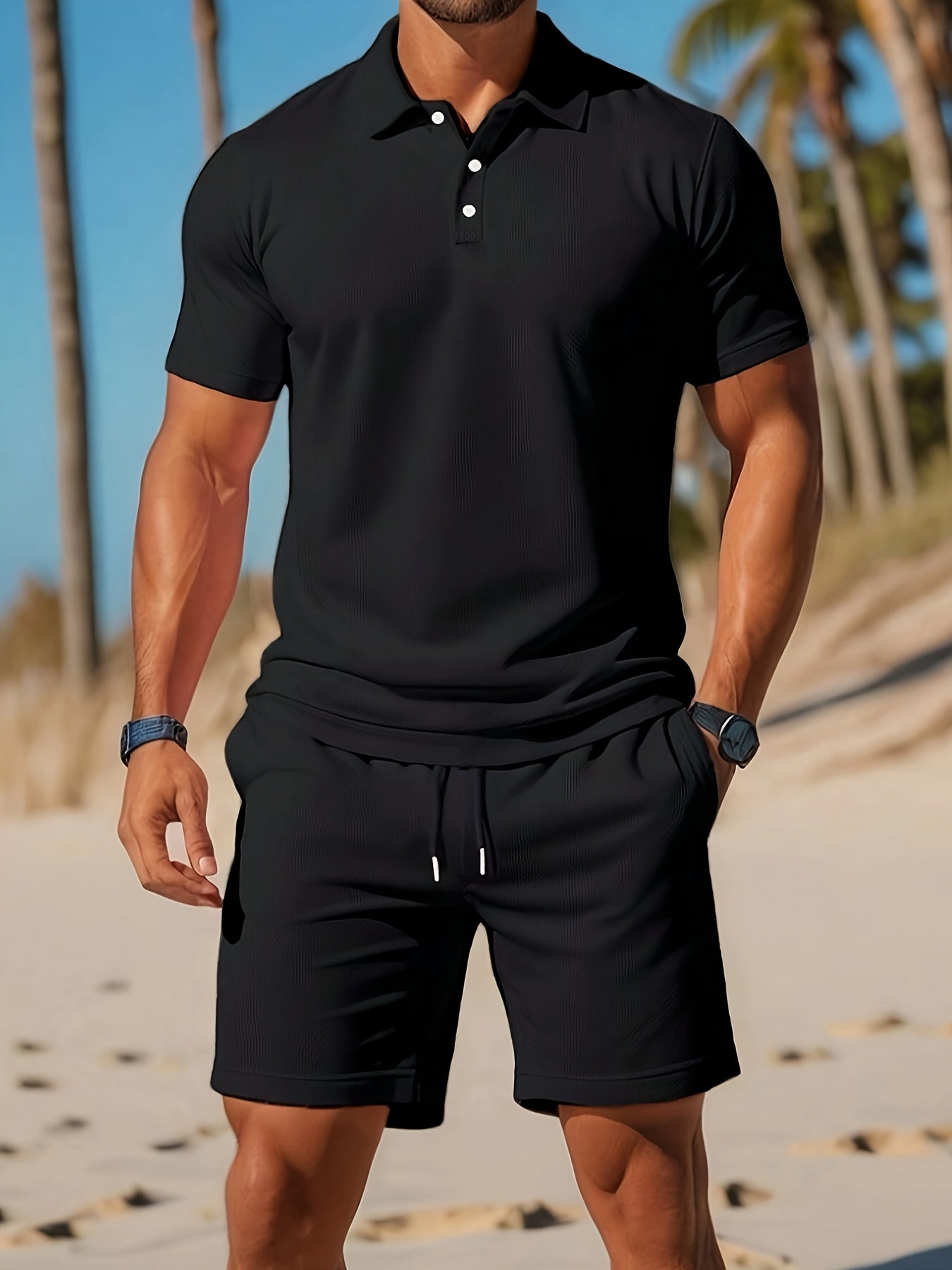 Heren Polo en Shorts Set met Polokraag, Knoopsluiting en Trekkoord