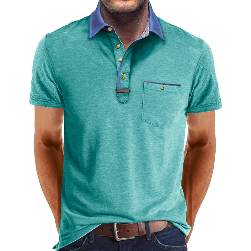 Heren Polo Korte Mouw met Contrasterende Kraag en Borstzak Turquoise