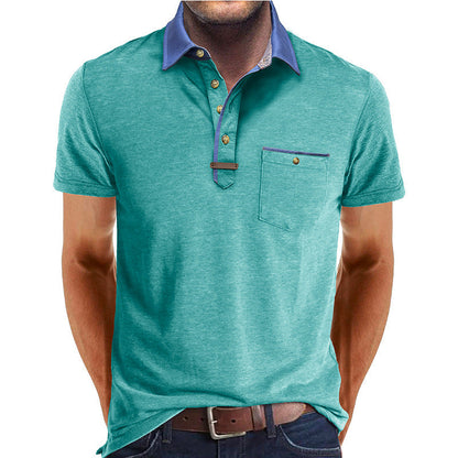 Heren Polo Korte Mouw met Contrasterende Kraag en Borstzak Turquoise