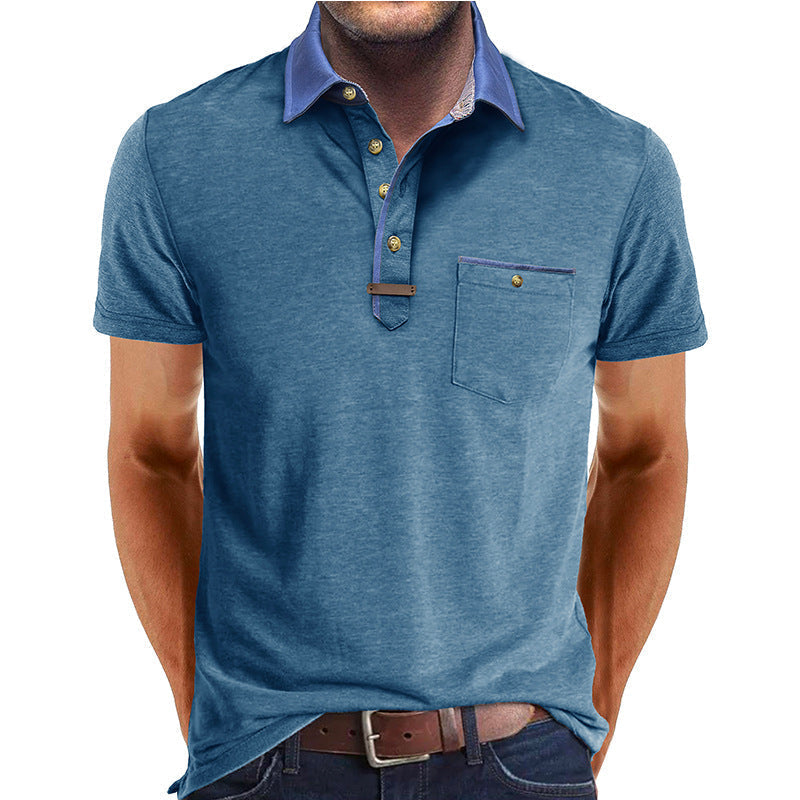 Heren Polo Korte Mouw met Contrasterende Kraag en Borstzak Blauw