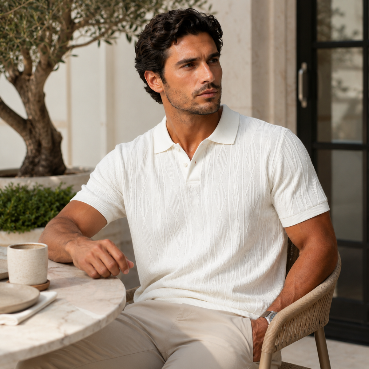 Heren Polo Korte Mouw met Getextureerd Ruitpatroon en Polokraag