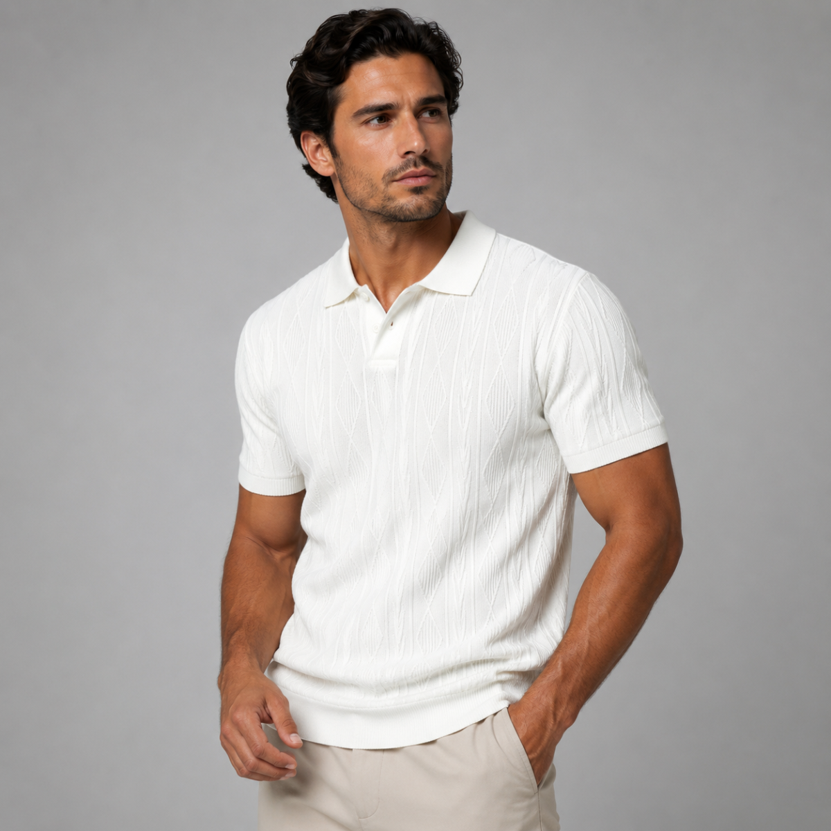 Heren Polo Korte Mouw met Getextureerd Ruitpatroon en Polokraag Wit