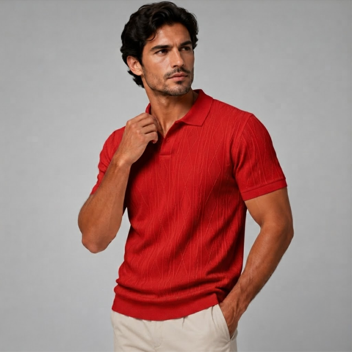 Heren Polo Korte Mouw met Getextureerd Ruitpatroon en Polokraag Rood