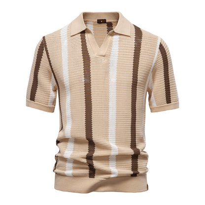 Heren Polo Korte Mouw met Open Kraag en Verticale Strepen Beige