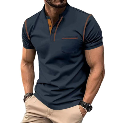 Heren polo Korte Mouw met Opstaande Kraag en Contrastbies Blauw