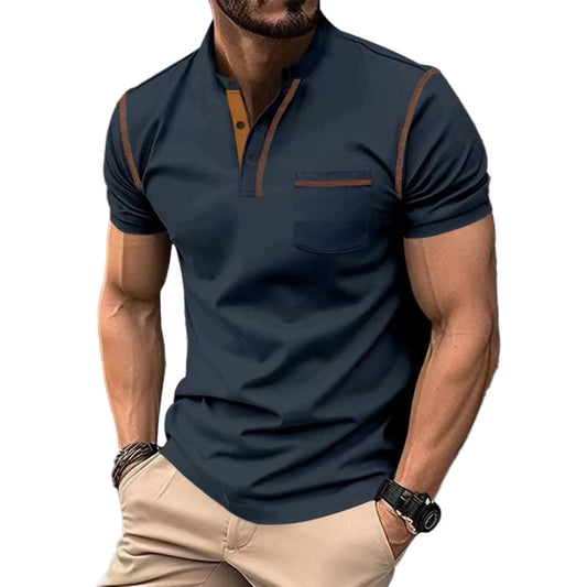 Heren polo Korte Mouw met Opstaande Kraag en Contrastbies Blauw