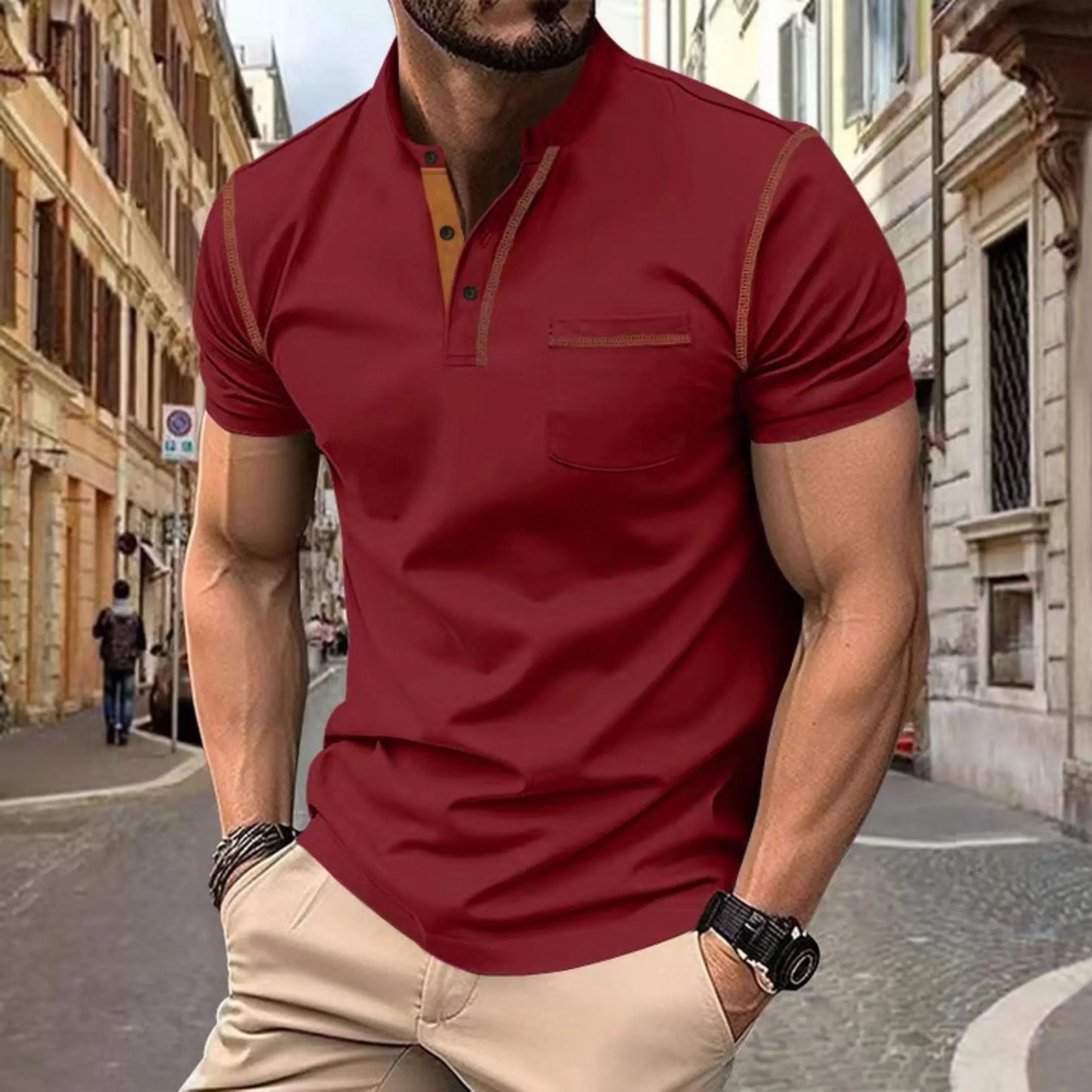 Heren polo Korte Mouw met Opstaande Kraag en Contrastbies Rood