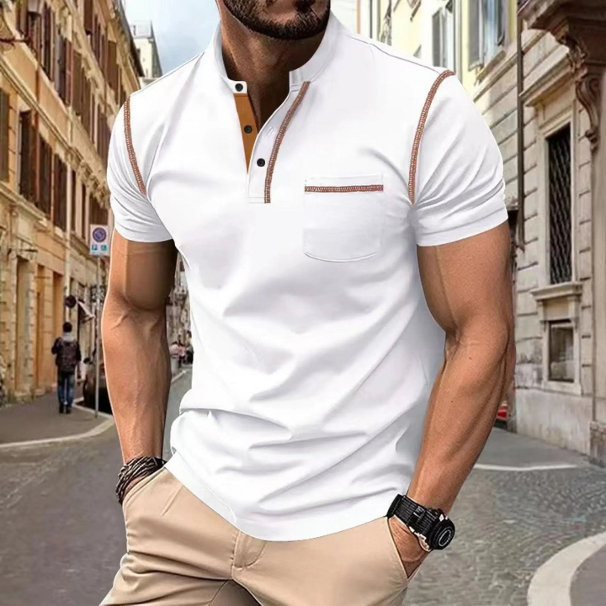 Heren polo Korte Mouw met Opstaande Kraag en Contrastbies Wit