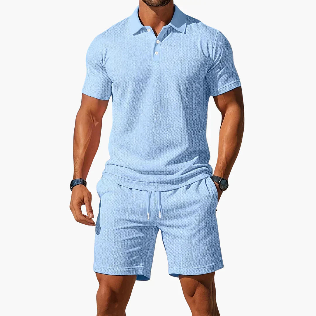 Heren Polo Korte Mouw met Shorts Set Slim Fit Lichtblauw