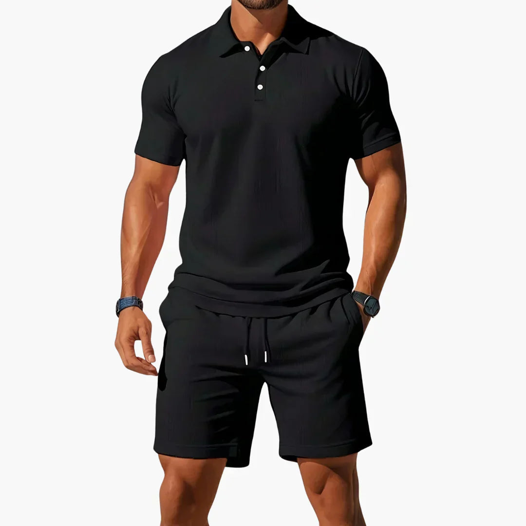 Heren Polo Korte Mouw met Shorts Set Slim Fit Zwart