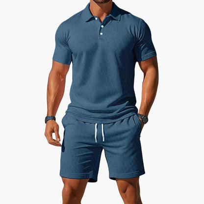Heren Polo Korte Mouw met Shorts Set Slim Fit Blauw