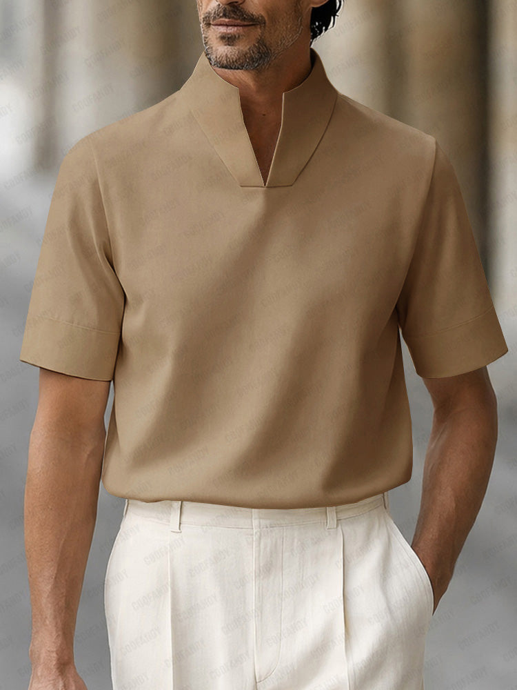 Heren polo Korte Mouw met Staande Kraag en V-hals Khaki