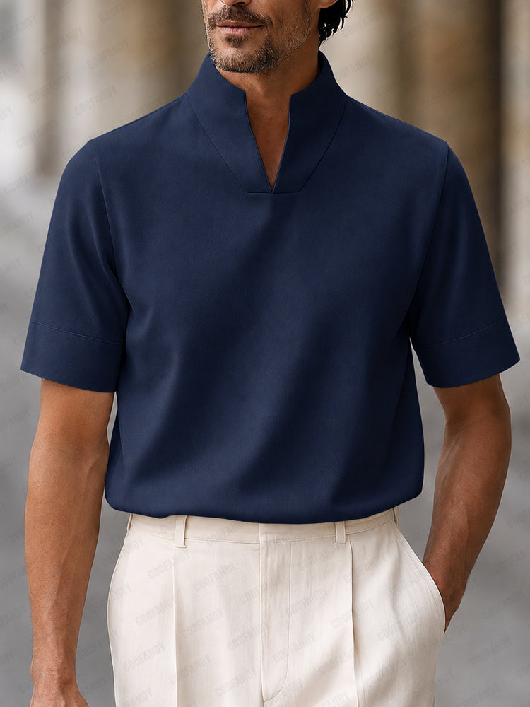 Heren polo Korte Mouw met Staande Kraag en V-hals Marineblauw